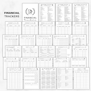 Financial trackers, Income, Expense, Sinking fund tracker, Debt tracker, Debt snowball tracker, Insurance tracker, Donation tracker, Tax deduction sheet, No spend days tracker, Bank account info, Credit card trackers