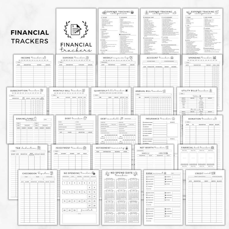 Financial trackers, Income, Expense, Sinking fund tracker, Debt tracker, Debt snowball tracker, Insurance tracker, Donation tracker, Tax deduction sheet, No spend days tracker, Bank account info, Credit card trackers