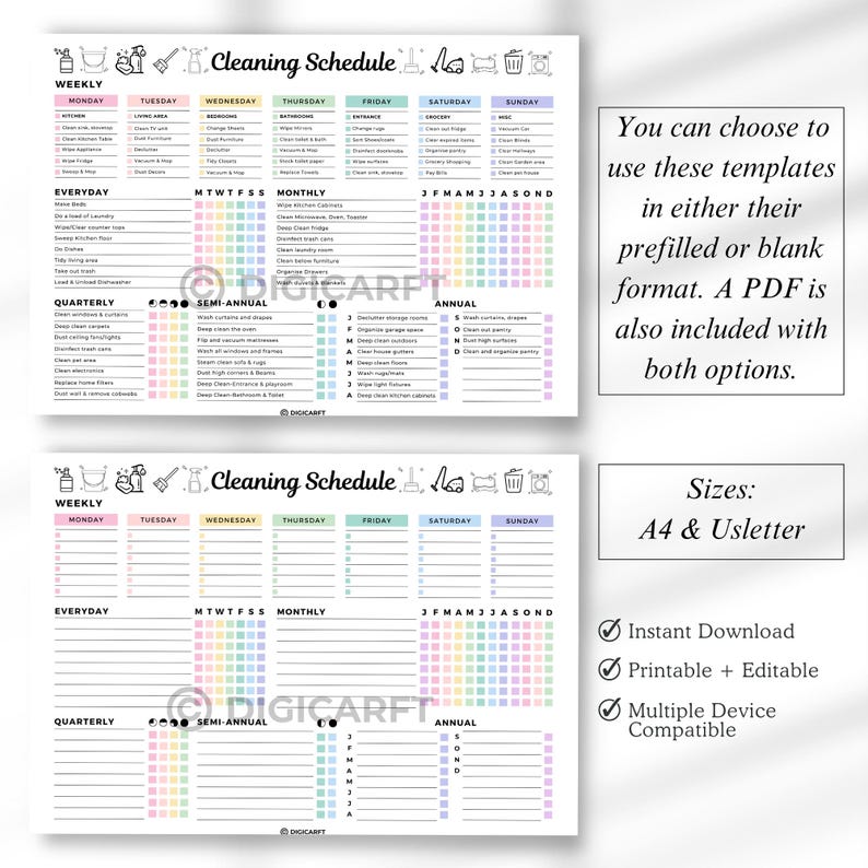 Editable cleaning schedule checklist canva,ADHD Home cleaning planner weekly monthly yearly Semi annualy, Quarterly Clean house schedule printable,house chore chart,Digital cleaning template,Printable cleaning checklist home,Kitchen,Bathroom,Living room,Bedroom Cleaning checklict,All in one cleaning temaplate Pastel colors