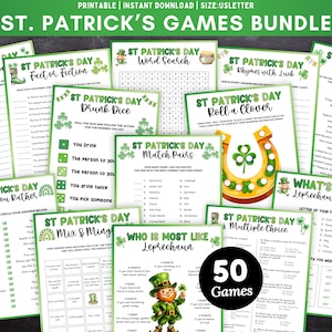 May include: A collection of printable St. Patrick's Day games, including word searches, trivia, and matching games. The bundle features a green and white color scheme with shamrocks and leprechaun illustrations. The text "50 Games" is displayed in a black circle.