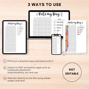 Rate my day tracker journal pages printable,Rate my day planner template Digital,Day rating Bullett journal pixel,Yearly A5 journal insert