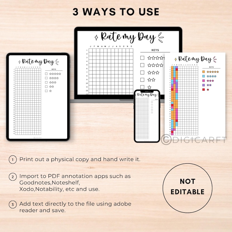 Rate my day tracker journal pages printable,Rate my day planner template Digital,Day rating Bullett journal pixel,Yearly A5 journal insert