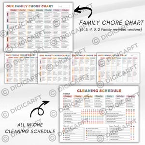 K&ouml;nnte beinhalten: Eine Sammlung druckbarer Aufgabenlisten und ein Reinigungsplan. Die Aufgabenlisten tragen die Aufschrift "Our Family Chore Chart" und enthalten Abschnitte f&uuml;r jeden Wochentag. Der Reinigungsplan tr&auml;gt die Aufschrift "Cleaning Schedule".