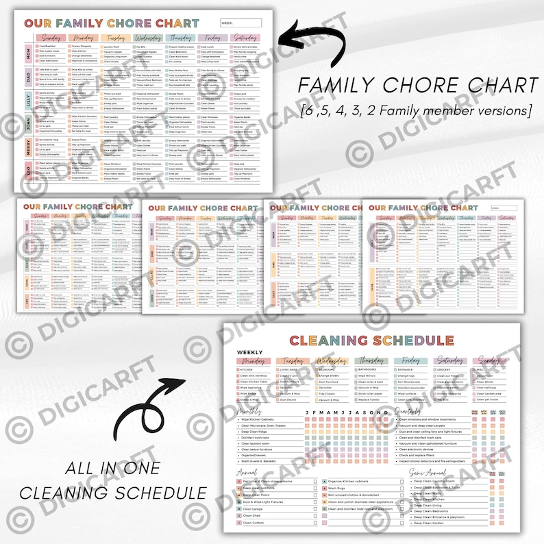 K&ouml;nnte beinhalten: Eine Sammlung druckbarer Aufgabenlisten und ein Reinigungsplan. Die Aufgabenlisten tragen die Aufschrift "Our Family Chore Chart" und enthalten Abschnitte f&uuml;r jeden Wochentag. Der Reinigungsplan tr&auml;gt die Aufschrift "Cleaning Schedule".