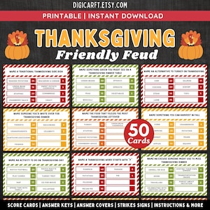 Opschrift Thanksgiving-vriendelijke vete, bundel met Thanksgiving-feestspellen, Thanksgiving-gamekaarten voor familievete, Thanksgiving-trivia, Herfstactiviteiten