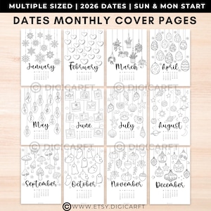 May include: A black and white monthly calendar for 2026 with decorative cover pages. Each month features unique illustrations, including snowflakes, hearts, plants, Easter eggs, light bulbs, photos, seashells, planets, mushrooms, ghosts, pumpkins, and ornaments. The calendar includes the text "DATES MONTHLY COVER PAGES".