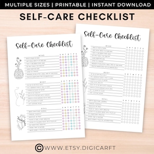 Puede incluir: Lista de verificación de autocuidado imprimible con un rastreador diario para la mente, el cuerpo y el alma. La lista de verificación incluye actividades como leer, meditar, hacer ejercicio y pasar tiempo en la naturaleza. El diseño presenta un cerebro, un cuerpo y un cristal.