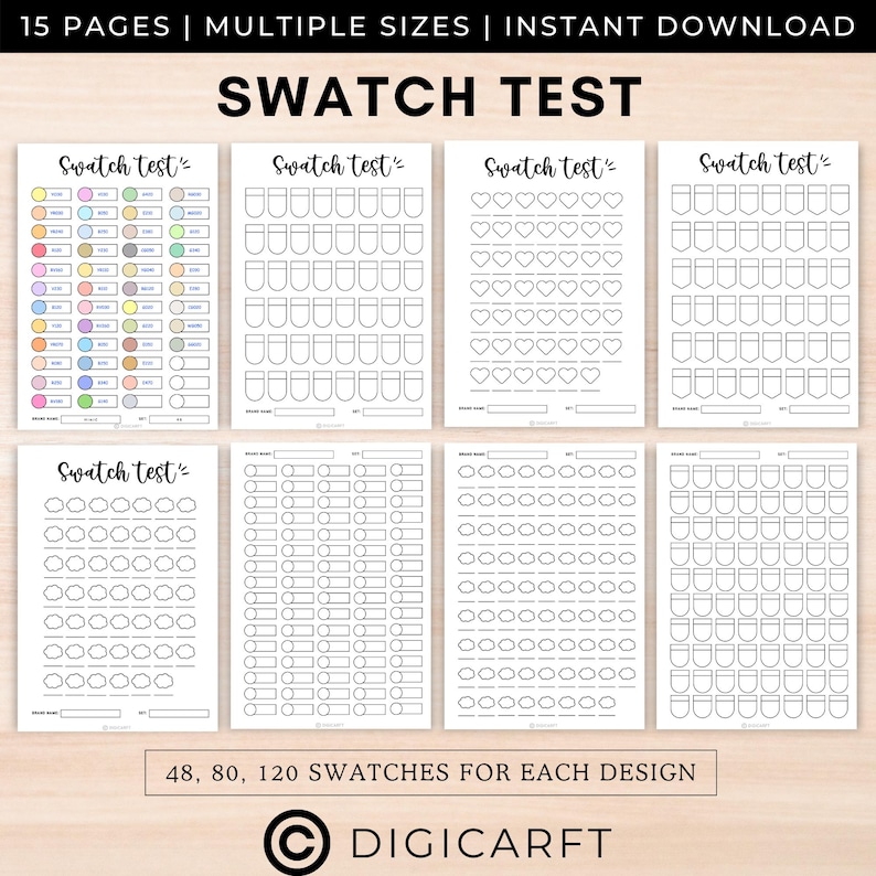 Pu&ograve; includere: Fogli di prova di campioni stampabili con 48, 80 e 120 campioni in diverse forme, tra cui cerchi, quadrati, cuori e scudi. Il testo "Swatch Test" appare nella parte superiore di ogni foglio.