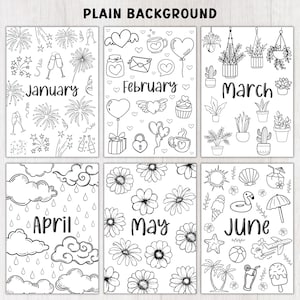 Puede incluir: Ilustraciones en blanco y negro de l&iacute;neas de temas mensuales. Enero presenta fuegos artificiales, febrero corazones, marzo plantas en macetas, abril nubes y lluvia, mayo flores y junio iconos de verano como una sombrilla de playa, helado y un avi&oacute;n.