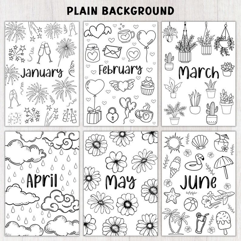 Puede incluir: Ilustraciones en blanco y negro de l&iacute;neas de temas mensuales. Enero presenta fuegos artificiales, febrero corazones, marzo plantas en macetas, abril nubes y lluvia, mayo flores y junio iconos de verano como una sombrilla de playa, helado y un avi&oacute;n.
