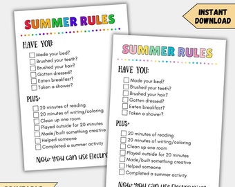 Printable Summer rules,Summer planner 2024,Summer checklist poster for kids,Summer activity chart for kids,Summer routine checklist pdf