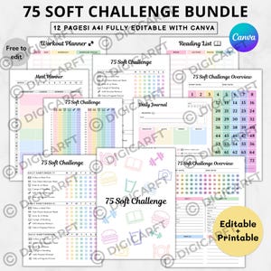 75 soft challenge tracker printable editable,Soft challenge 75,75 easy challenges,75 soft editable planner,Editable 75 soft challenge bundle