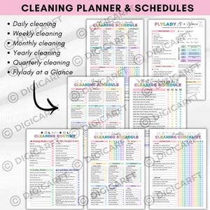 K&ouml;nnte beinhalten: Eine Sammlung farbenfroher Reinigungsplaner und Zeitpl&auml;ne. Der Text oben lautet "CLEANING PLANNER & SCHEDULES". Die Druckvorlagen umfassen t&auml;gliche, w&ouml;chentliche, monatliche, j&auml;hrliche und viertelj&auml;hrliche Reinigungspl&auml;ne und Checklisten.