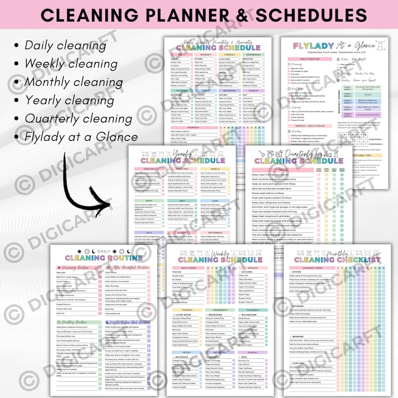 K&ouml;nnte beinhalten: Eine Sammlung farbenfroher Reinigungsplaner und Zeitpl&auml;ne. Der Text oben lautet "CLEANING PLANNER & SCHEDULES". Die Druckvorlagen umfassen t&auml;gliche, w&ouml;chentliche, monatliche, j&auml;hrliche und viertelj&auml;hrliche Reinigungspl&auml;ne und Checklisten.