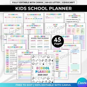 Editable Kids School Planner 2026-27,adhd Study planner for kids printable,School Calendar,Homework,Chores,After before school checklist