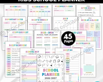 Agenda escolar editable para niños 2026-27, agenda de estudio para niños con TDAH imprimible, calendario escolar, tareas, quehaceres, lista de verificación para antes y después de la escuela.