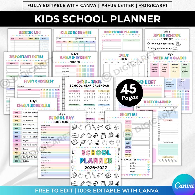 Editable kids school planner printable, Kids school planner 2026 27 editable, ADHD study planner for kids, Printable student planner kids, Kids homework planner printable, School calendar printable kids, Chore chart for kids printable, Before school checklist kids, After school checklist kids, Daily routine planner kids, Homeschool planner kids printable, Student organizer for children, Back to school planner printable, Academic planner kids editable, Kids productivity planner PDF