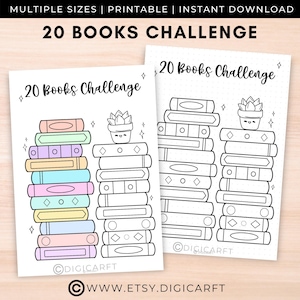 Könnte beinhalten: Druckbare 20 Books Challenge Checkliste mit zwei Bücherstapeln, einer in Farbe und einer in Schwarzweiß. Jeder Stapel hat eine süße Sukkulente oben drauf. Der Text "20 Books Challenge" steht oben auf jeder Seite.