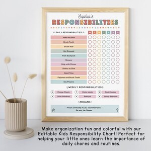 Puede incluir: Un cuadro imprimible para que los ni&ntilde;os hagan un seguimiento de sus responsabilidades diarias y semanales. El cuadro presenta un dise&ntilde;o colorido con colores pastel y un sistema de calificaci&oacute;n por estrellas. El cuadro incluye tareas como hacer la cama, cepillarse los dientes y ayudar con la cena. Tambi&eacute;n incluye un sistema de recompensas por completar todas las tareas.