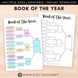 Op de afbeelding: Printbare boek van het jaar-tracker met een kleurrijke grafiek om boeken te lijst die elke maand worden gelezen. De grafiek is onderverdeeld in maanden, met ruimte voor de boektitel en een kroon voor de winnaar. De printbare is perfect voor boekenliefhebbers die hun leesvoortgang willen bijhouden.