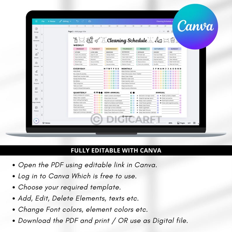 Editable cleaning schedule checklist canva,ADHD Home cleaning planner weekly monthly yearly Semi annualy, Quarterly Clean house schedule printable,house chore chart,Digital cleaning template,Printable cleaning checklist home,Kitchen,Bathroom,Living room,Bedroom Cleaning checklict,All in one cleaning temaplate Pastel colors