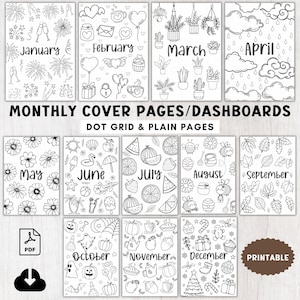 Puede incluir: Páginas de portada de calendario mensual imprimibles con ilustraciones en blanco y negro para cada mes del año. Las ilustraciones incluyen fuegos artificiales, corazones, plantas, nubes de lluvia, flores, sandías, abejas, hojas, calabazas, fantasmas y árboles de Navidad.