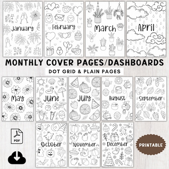 12 monthly planner cover pages a5 journal printable bujo pre-made,Monthly dashboards,Monthly title pages coloring A5 journal insert template