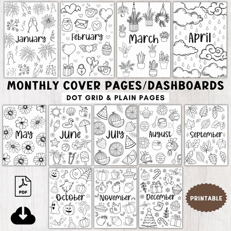 Puede incluir: P&aacute;ginas de portada de calendario mensual imprimibles con ilustraciones en blanco y negro para cada mes del a&ntilde;o. Las ilustraciones incluyen fuegos artificiales, corazones, plantas, nubes de lluvia, flores, sand&iacute;as, abejas, hojas, calabazas, fantasmas y &aacute;rboles de Navidad.