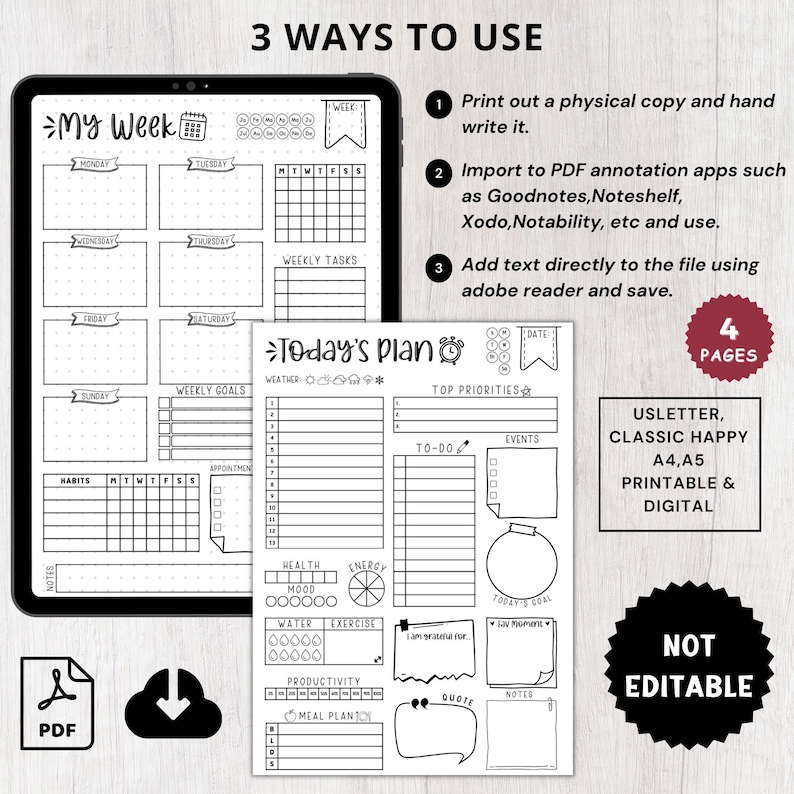 May include: Black and white printable planner pages with a weekly and daily planner layout. The pages include sections for habits, appointments, to-do lists, events, meal plans, and more. The text on the page reads "My Week", "Today's Plan", "Weekly Tasks", "Weekly Goals", "Top Priorities", "To-Do", "Events", "Health", "Mood", "Energy", "Water", "Exercise", "Productivity", "Meal Plan", "Quote", "Notes", "Today's Goal", "I am grateful for", "USLETTER, CLASSIC HAPPY A4,A5 PRINTABLE & DIGITAL", "NOT EDITABLE".