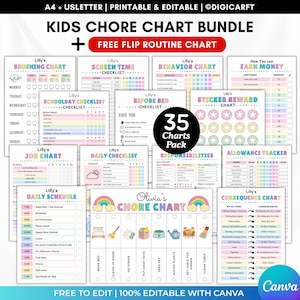 Paquete de tablas de tareas infantiles editables, lista de verificación diaria para niños en Canva y PDF, rutina de actividades, tabla de responsabilidades, paga semanal, tiempo frente a la pantalla, comportamiento, tabla de recompensas