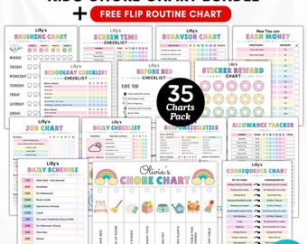 Redigerbart barnsysslorpaket, barns dagliga checklista canva pdf, vändrutin, ansvarsschema, ersättning, skärmtid, beteende, belöningsschema