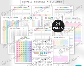 75 soft challenge tracker printable editable,Soft challenge 75,Easy challenges,75 soft editable planner a4,Editable 75 soft challenge bundle