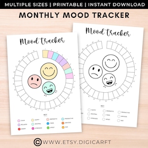 Mood Tracker-dagboek afdrukbaar, Bujo maandelijkse circulaire stemmingsgrafiek A5, maandelijkse Bullet Journal-pagina, dagelijks plan voor stemmingscontrole, bijhouden van stress-angst