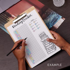 May include: A printable reading tracker with a grid for logging pages read each month. The grid is colour-coded to indicate the number of pages read. The tracker also includes a stack of books illustration and the text "Reading Tracker" and "Pages".
