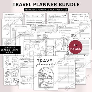 Pacchetto di pianificatori di viaggio stampabili, itinerario di viaggio stampabile, diario di viaggio, modelli di pianificatori di vacanze digitali, pianificatore di viaggi per famiglie in formato A4
