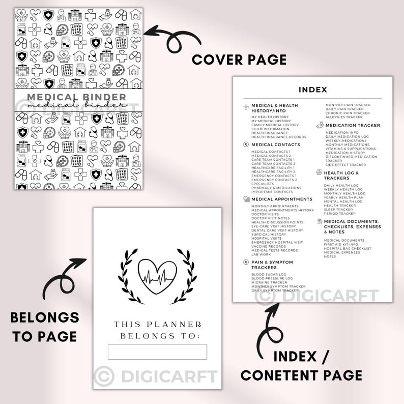 Family medical binder printable,healthcare planner printable,Medical Planner Bundle,Health Binder,doctor visit notes,family medical history, Patient medical tracker, Medicine tracker, Vitamins tracker, Supplement tracker, First aid kit checklist, Hospital bag checklist, Periods tracker, Daily pain tracker, Sleep tracker page, Daily health log, Weekly health log