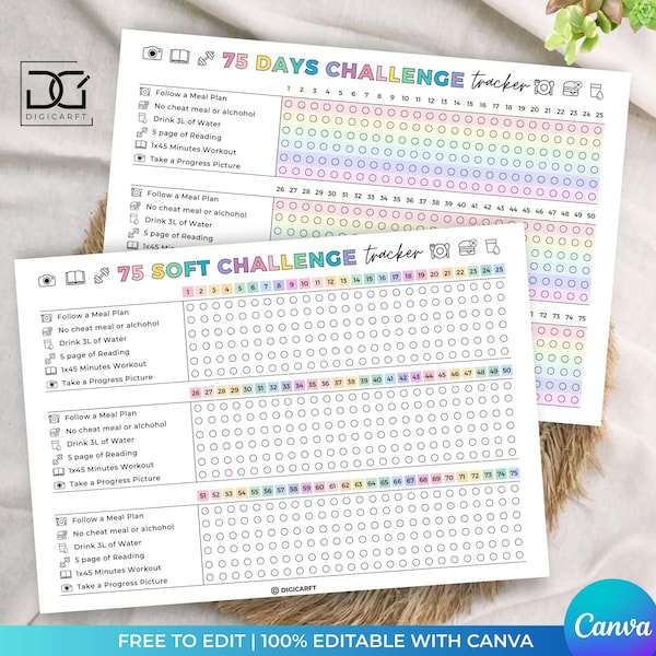 Bearbeitbare 75 Soft Challenge Tracker-Vorlage, bearbeitbarer Habit-Tracker, 1 Seite 75 Tage Challenge-Tracker, Fitness-Gesundheitslog, Gewichtsverlust-Challenge