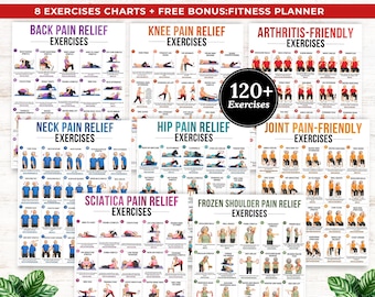 Pain relief exercise chart bundle,Senior workout bundle,Sciatica exercises printable,Shoulder,Knee,neck,hip,back pain relief exercise charts