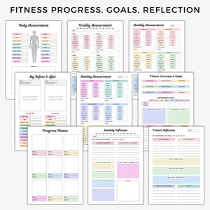 May include: A printable fitness tracker with sections for body measurements, weekly and monthly progress, fitness goals, and monthly reflection. The tracker is designed with pastel colors and includes sections for notes and progress photos.