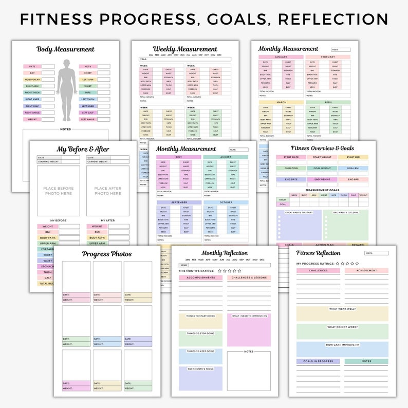 May include: A printable fitness tracker with sections for body measurements, weekly and monthly progress, fitness goals, and monthly reflection. The tracker is designed with pastel colors and includes sections for notes and progress photos.