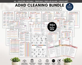 ADHD cleaning planner bundle,adhd cleaning schedule editable canva,adhd Cleaning Checklist pdf,30 days Declutter,Family Chore Chart printabl