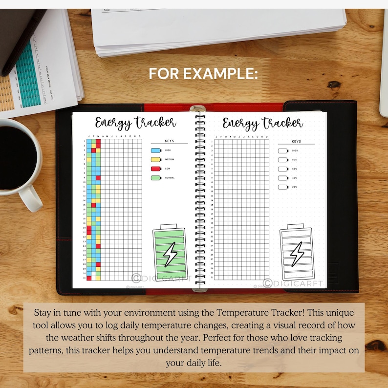 Energy tracker journal page printable,Yearly tracker digital download,Bullett journal pre made,A5 journal insert template,Productivity log