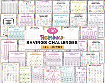 130 Rainbow Savings challenge bundle uk printable,Savings tracker binder,10k,5k,100,500,1000,52 weeks,100 envelope savings challenge bookA4