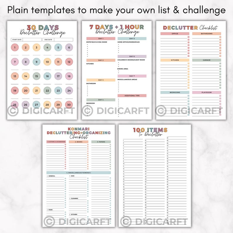 May include: A collection of printable decluttering templates. Includes a 30-day challenge, a 7-day challenge, a checklist, a KonMari checklist, and a 100-item declutter list. Each template has a white background with pastel color accents.
