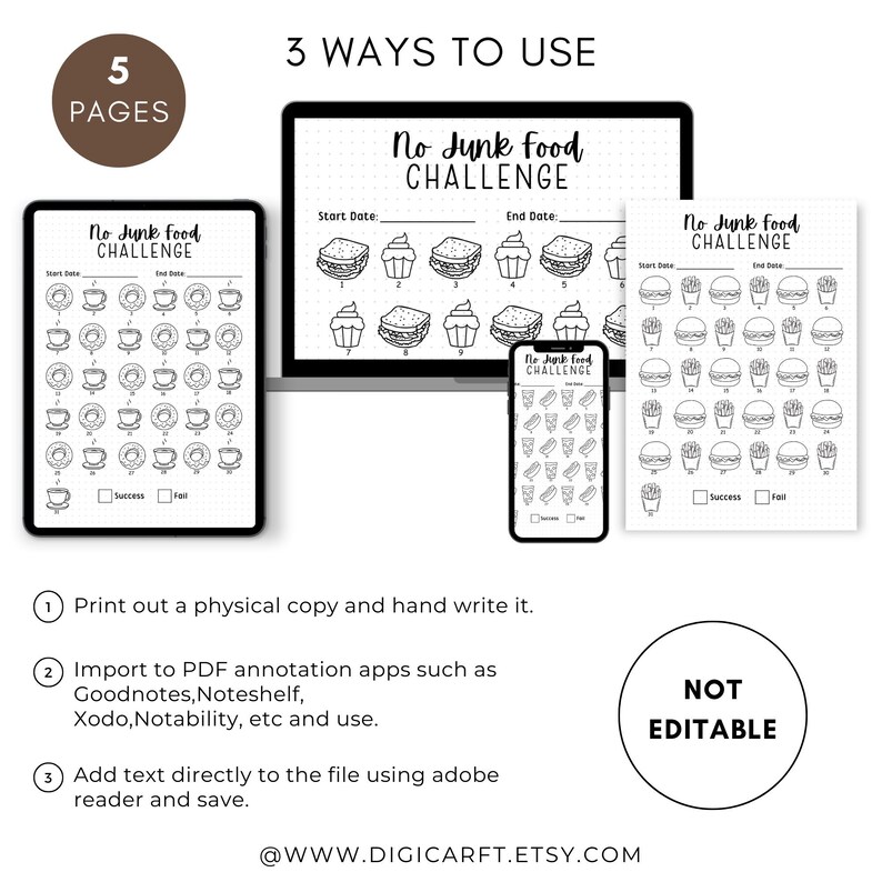 No Junk Food 30 Days Challenge Printable,clean Eating Meal Plan,food