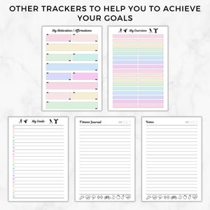 May include: Printable fitness tracker pages with sections for goals, exercises, motivation, affirmations, fitness journal, and notes. The pages are decorated with colorful icons and lines.