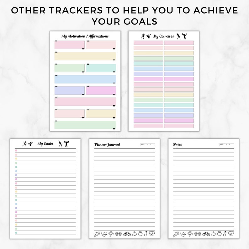 May include: Printable fitness tracker pages with sections for goals, exercises, motivation, affirmations, fitness journal, and notes. The pages are decorated with colorful icons and lines.