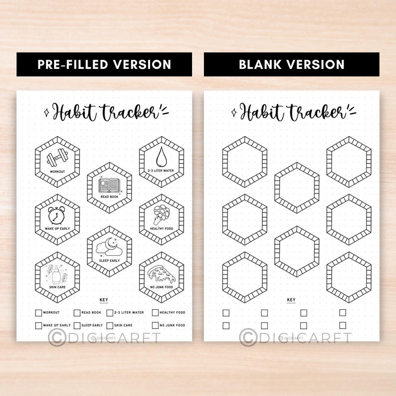 May include: Two habit tracker pages, one pre-filled and one blank, with a dotted background. The pre-filled page has hexagonal boxes with icons for workout, reading, water, healthy food, waking early, sleeping, skincare, and no junk food.