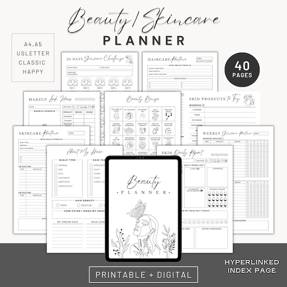 Printable Skincare planner,Beauty planner template journal iPad,Glow up planner notion,Haircare Skincare routine checklist,Makeup tracker a4