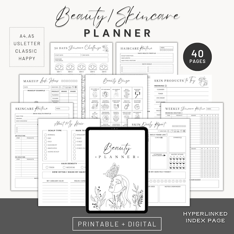 May include: A black and white printable beauty planner with 40 pages. The planner includes sections for skincare, haircare, makeup, and a 30-day skincare challenge. The cover features a line drawing of a woman with a butterfly on her face.